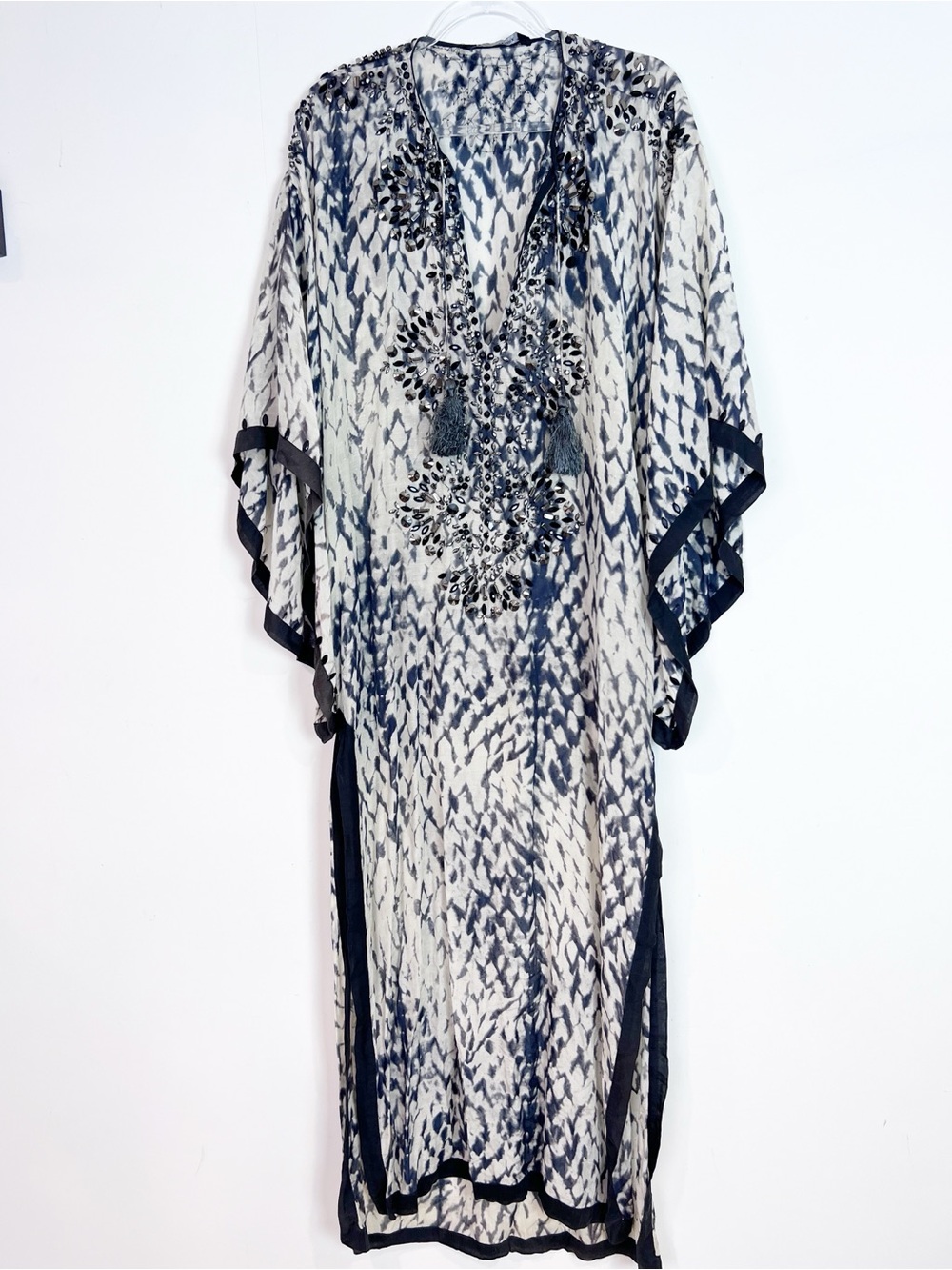 KAS NEW YORK OFF-WHITE NAVY TIE DYE RHINESTONES MAXI COVER UP DRESS SZ MEDIUM
